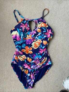 Blue Floral High-Neck One-Piece Swimsuit